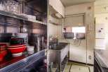 This commercial kitchen boasts ample storage with stainless steel shelving units stocked with dishes, glassware, and kitchen tools.