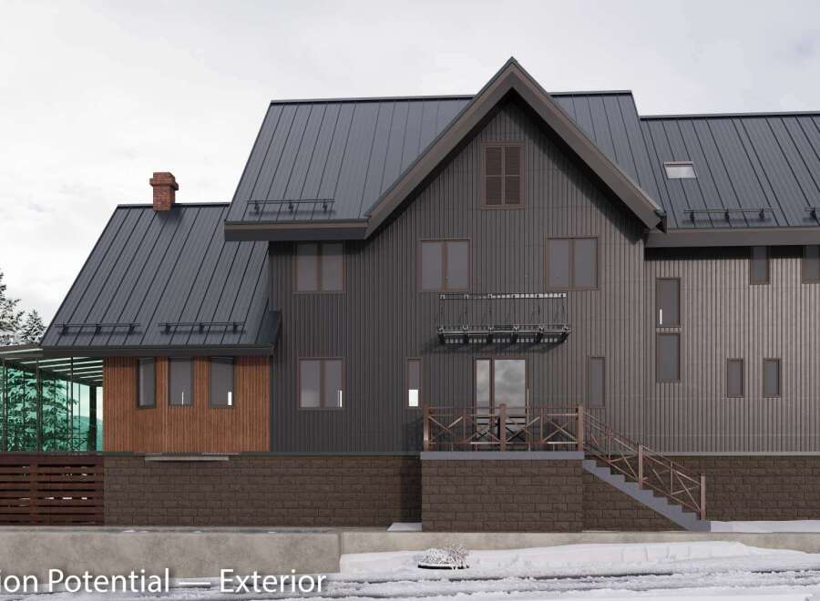 This stunning property boasts a modern exterior with a dark metal roof and siding, complemented by rich wood accents.
