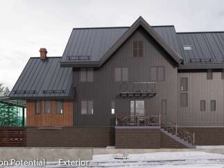 This stunning property boasts a modern exterior with a dark metal roof and siding, complemented by rich wood accents.