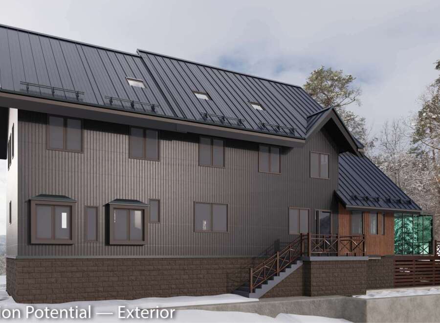 This stunning property boasts a modern exterior with dark metal siding and a striking dark brown stone base.