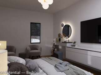 This bedroom boasts a stylish and modern design, featuring a large TV, comfortable seating, and a sleek vanity area with illuminated mirrors.