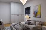 Renovated bedroom features built-in wardrobes, large windows with blinds, and stylish wall art.