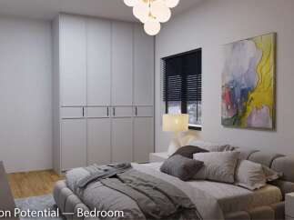 Renovated bedroom features built-in wardrobes, large windows with blinds, and stylish wall art.