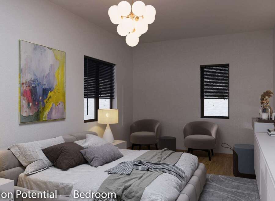This bedroom boasts a serene atmosphere with its neutral color palette and stylish furnishings.