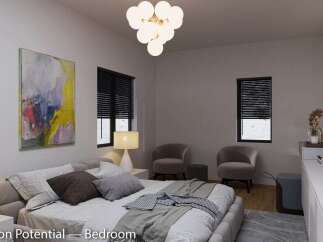 This bedroom boasts a serene atmosphere with its neutral color palette and stylish furnishings.