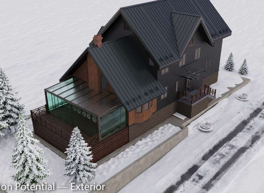 This stunning property features a modern exterior with a sleek black roof and stylish wooden accents.