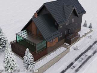 This stunning property features a modern exterior with a sleek black roof and stylish wooden accents.