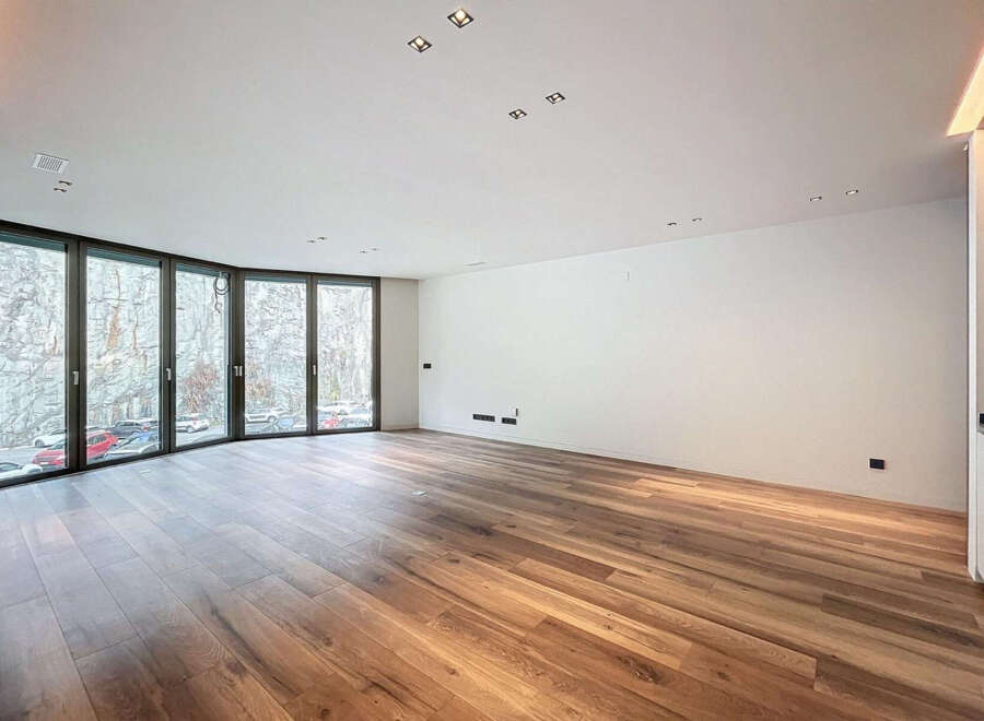 Spacious living area with stunning views and hardwood floors.
