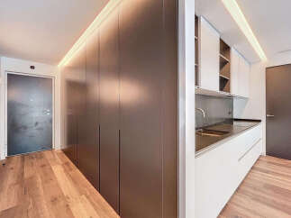 Modern apartment boasts sleek, built-in cabinetry and hardwood floors.
