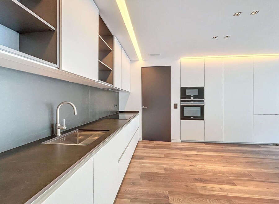 Modern kitchen with sleek white cabinets, dark countertops, and integrated appliances.