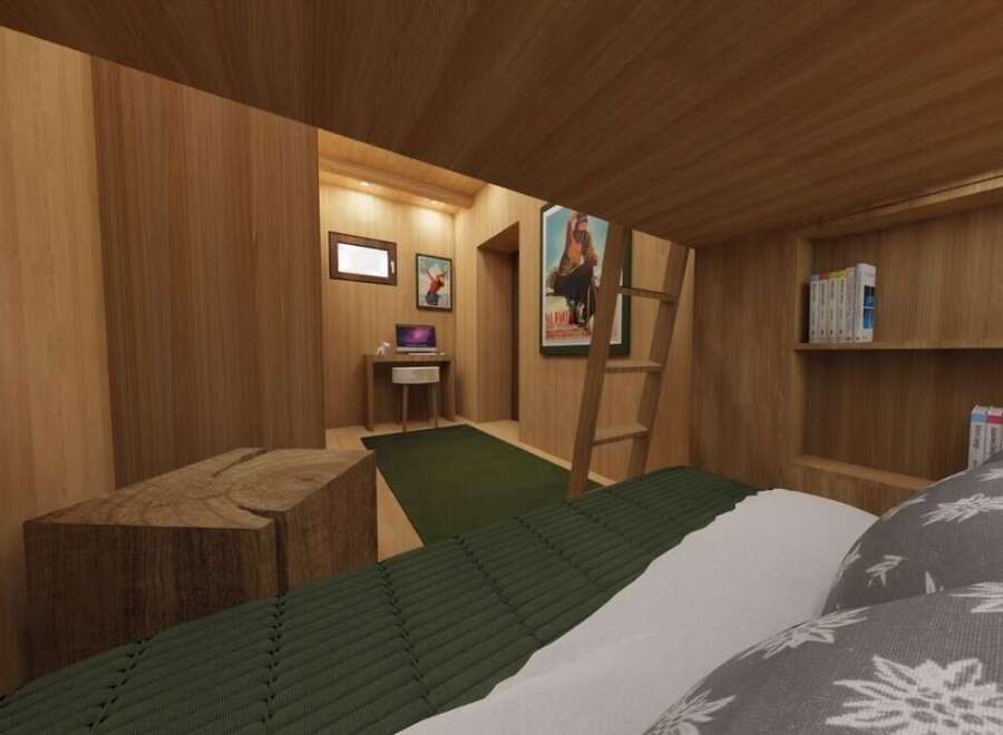 Step into a cozy, wood-paneled bedroom, perfect for a unique and inviting space.