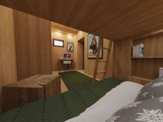 Step into a cozy, wood-paneled bedroom, perfect for a unique and inviting space.