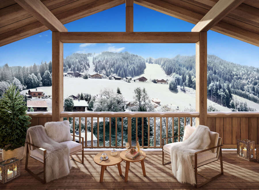 Cozy chalet balcony with stunning snowy mountain views.