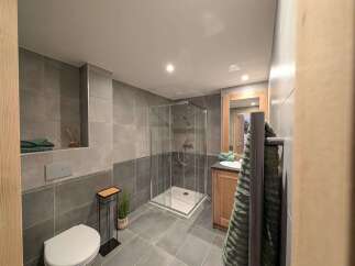 This stunning bathroom boasts modern gray tile, a spacious walk-in shower, and a sleek wooden vanity.