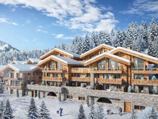 Luxury chalet-style apartments nestled in a snowy mountain setting, offering breathtaking views and ski-in/ski-out access.