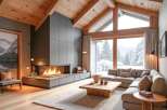 Luxury chalet with breathtaking mountain views and a modern fireplace.