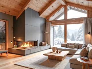 Luxury chalet with breathtaking mountain views and a modern fireplace.
