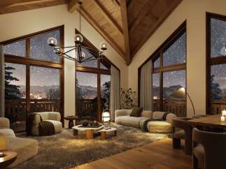 Cozy mountain chalet with stunning views and luxurious interiors.