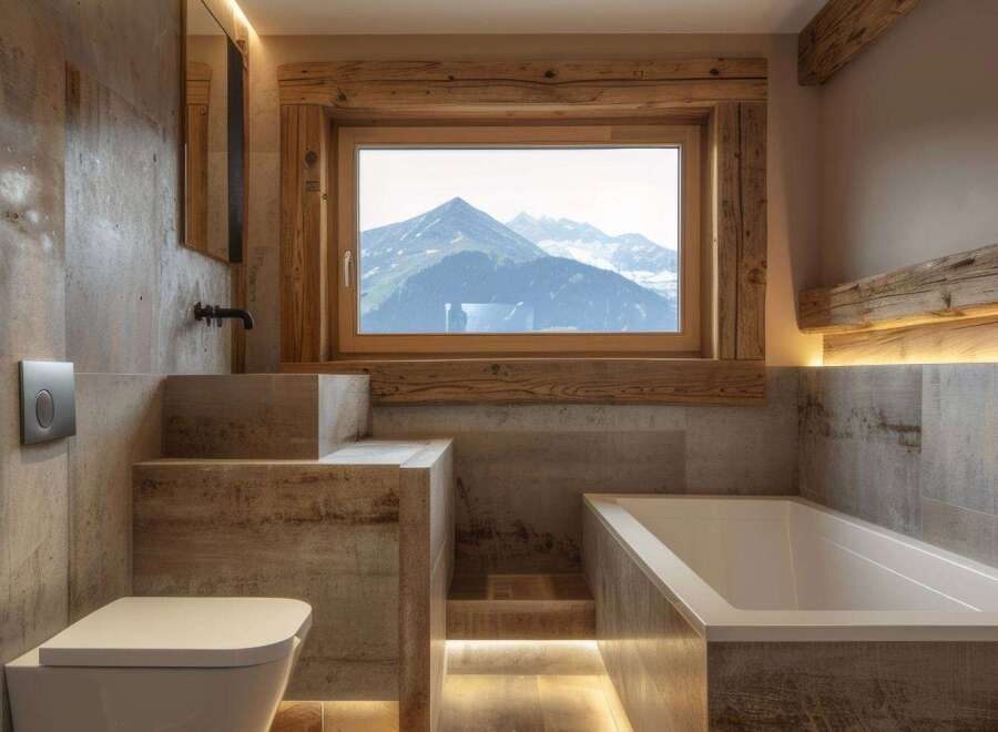 Luxury bathroom with mountain views.