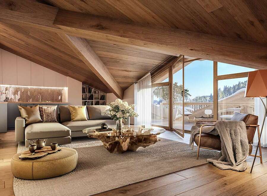 Luxurious chalet apartment boasting a stunning wooden beamed ceiling and expansive windows offering breathtaking mountain views.