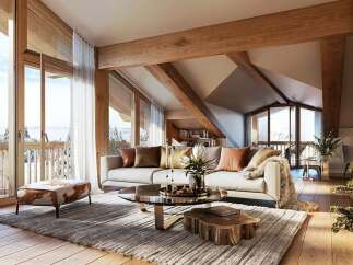 Luxurious chalet apartment boasting stunning mountain views and an open-plan living area.