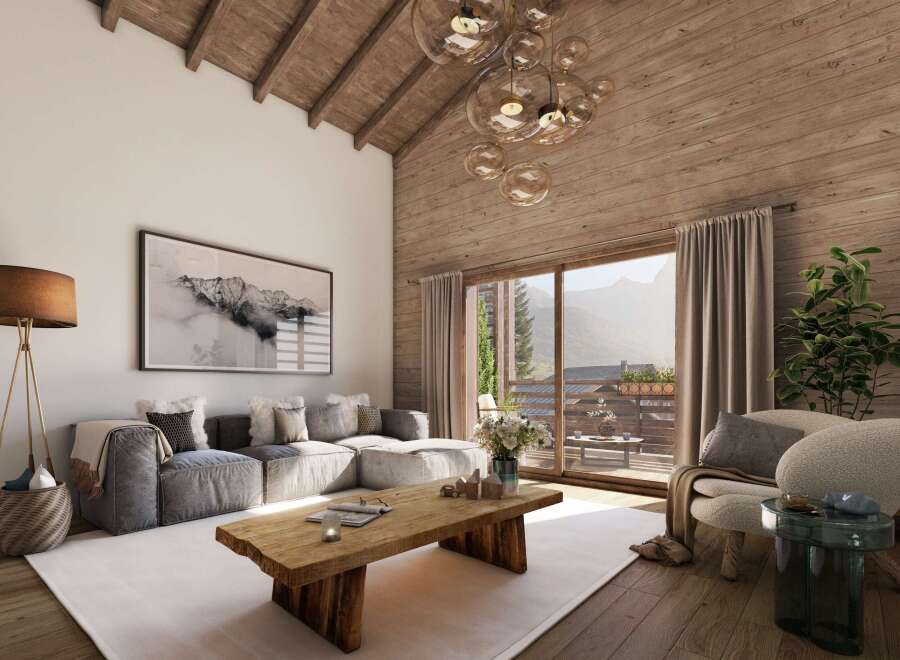 This stunning chalet boasts a spacious living area with floor-to-ceiling windows offering breathtaking mountain views.