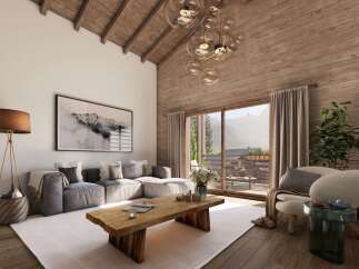 This stunning chalet boasts a spacious living area with floor-to-ceiling windows offering breathtaking mountain views.