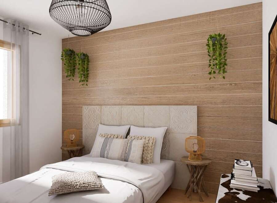 This bedroom boasts a serene atmosphere with its light color palette and natural wood accents.
