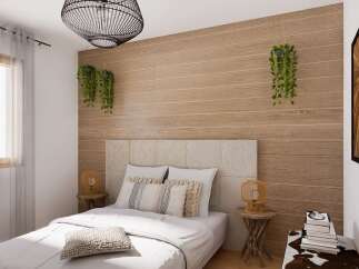 This bedroom boasts a serene atmosphere with its light color palette and natural wood accents.