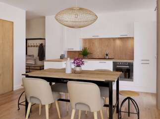 Stylish apartment featuring an open-plan kitchen and dining area with wooden accents.