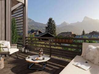 Mountain view balcony with modern furniture and wooden deck.