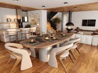 Stunning open-plan living space featuring a modern kitchen with marble island, a cozy living area with a fireplace, and a spacious dining area.