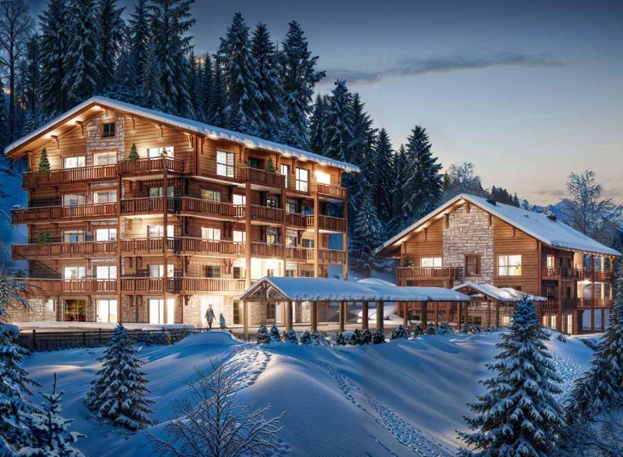 Luxury chalet apartments nestled in a snowy mountainside setting.