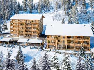 Discover luxurious chalet-style apartments nestled in a breathtaking snowy mountain setting.