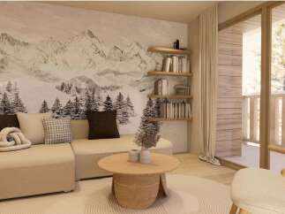 Cozy living room with a stunning mountain view wallpaper, creating a serene atmosphere.