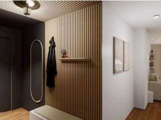 Stylish apartment hallway with wood slat wall, built-in bench, and modern lighting.