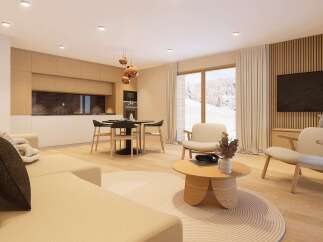 This stunning apartment boasts an open-plan living area with a cozy sofa and armchairs, perfect for relaxing after a day on the slopes.