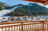 This stunning property boasts breathtaking views of snow-capped mountains and a charming village from its private balcony.
