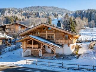 Experience the ultimate winter getaway in this stunning chalet nestled in a snowy landscape.