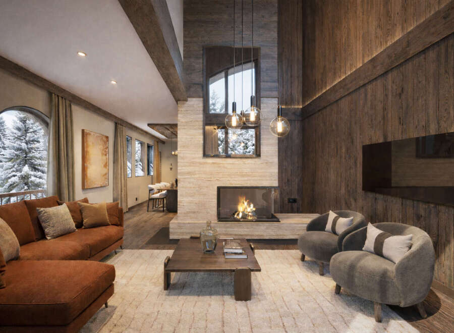 Experience luxury living in this stunning property featuring a cozy living room with a fireplace and comfortable seating.