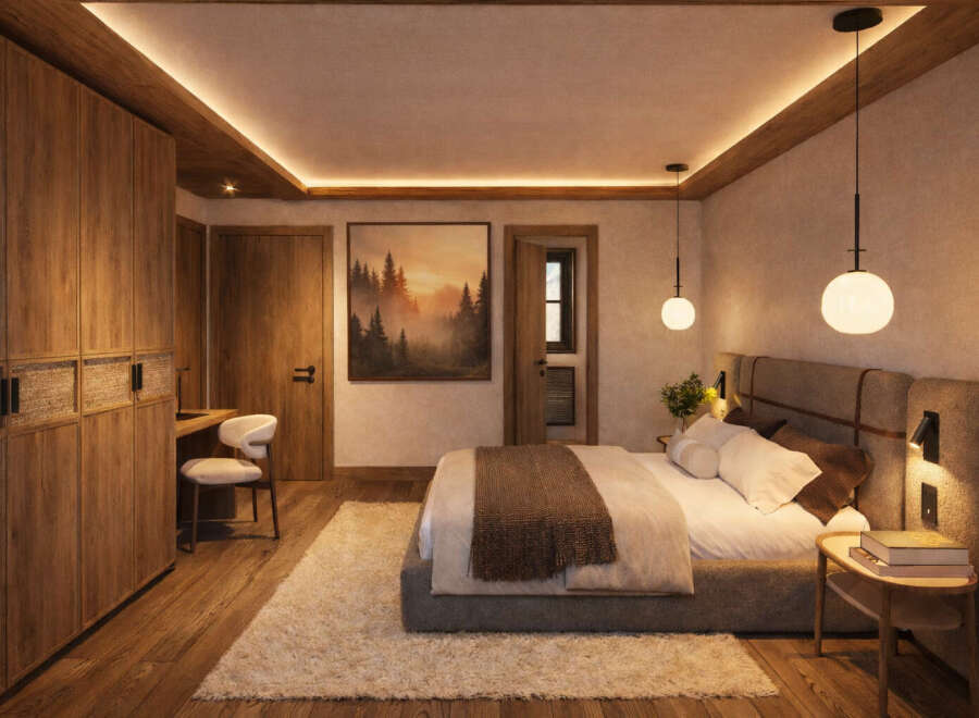 Step into a serene bedroom retreat, designed with a focus on natural elements and cozy comfort.