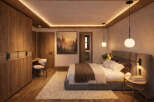 Step into a serene bedroom retreat, designed with a focus on natural elements and cozy comfort.