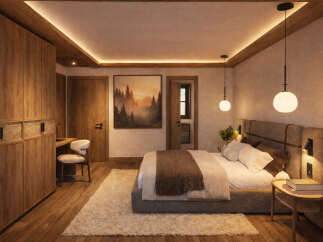 Step into a serene bedroom retreat, designed with a focus on natural elements and cozy comfort.