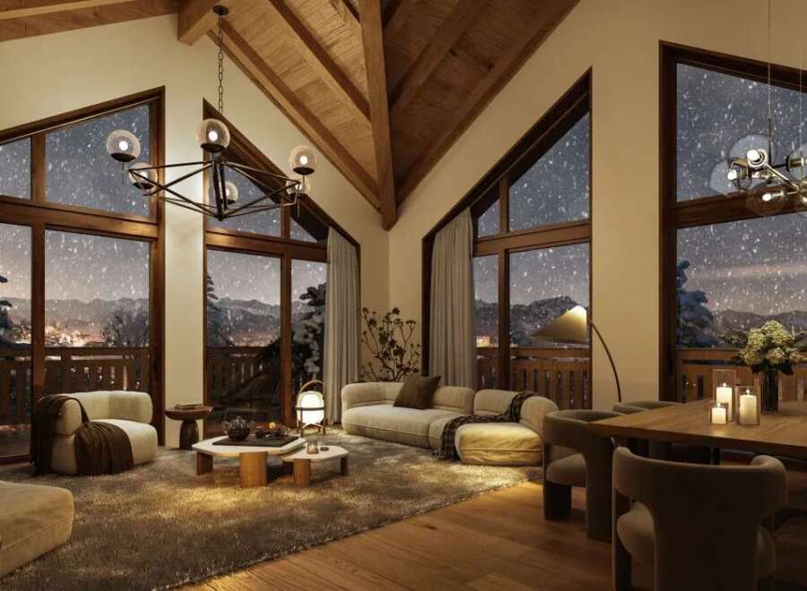 Luxury chalet with breathtaking mountain views and a cozy, modern interior.