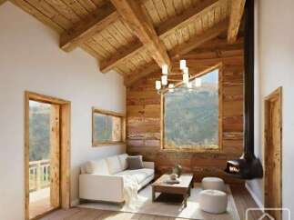 Experience the charm of this stunning property, featuring a cozy living room with a unique fireplace and a beautiful wooden ceiling.