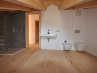 This stunning bathroom boasts a modern design with a touch of rustic charm.