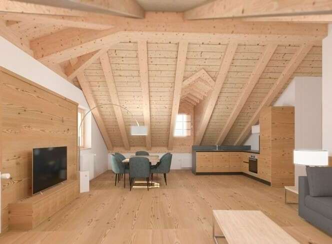 Experience the charm of this stunning wooden-clad apartment, featuring a unique sloped ceiling design.