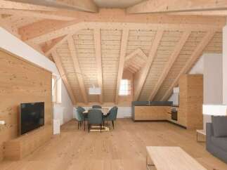 Experience the charm of this stunning wooden-clad apartment, featuring a unique sloped ceiling design.