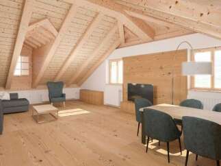 Experience the charm of this stunning attic apartment, featuring a warm and inviting wooden interior.