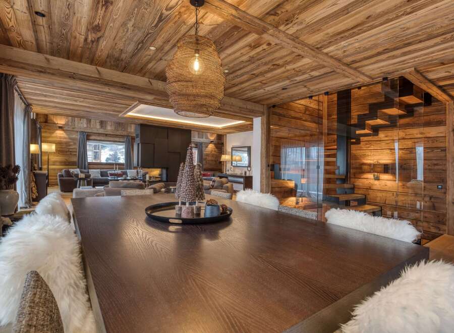 Experience luxury living in this stunning chalet, featuring exquisite wooden interiors and a cozy ambiance.